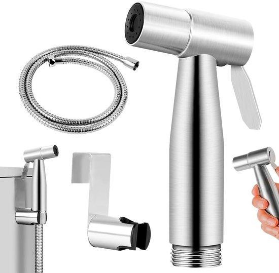 3-delige handheld bidet-spuitsysteem met roestvrijstalen douchekop, slang en houder in zilver en zwart voor toilet en badkamer