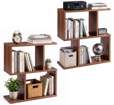 Costway 3-Tier Geometric Bookshelf Freestanding Display Shelf Side Table Set of 2-Walnut