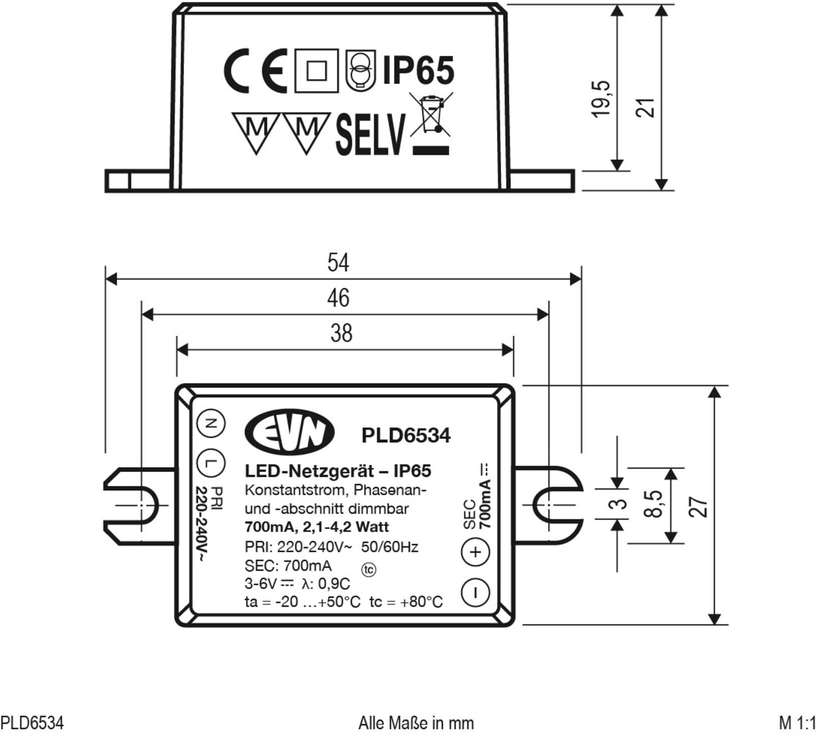 EVN Lichttechnik LED-Netzgerät 700mA 2,1-4,2W IP65 PLD6534 ; evn_lichttechnik)