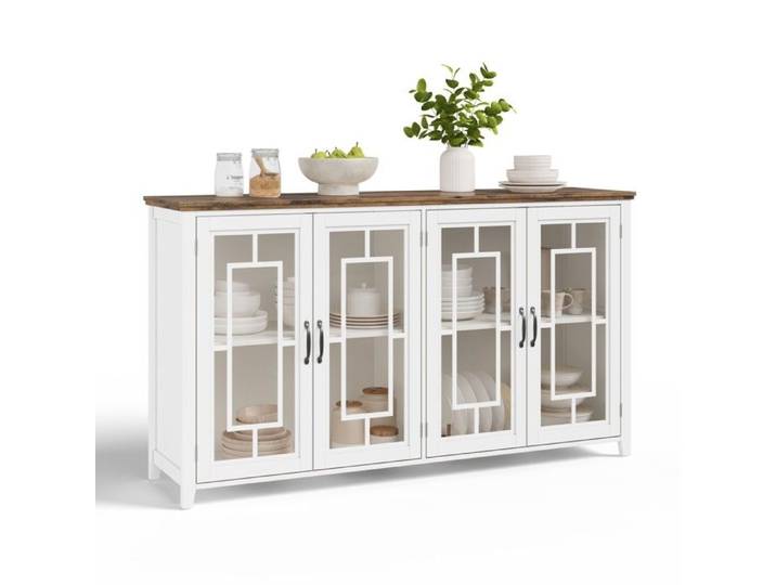 Grand Buffet de Cuisine de 160 cm avec Portes Vitrées - Buffet Bas Blanc de Rangement - Vaisselier Moderne pour Salle à Manger