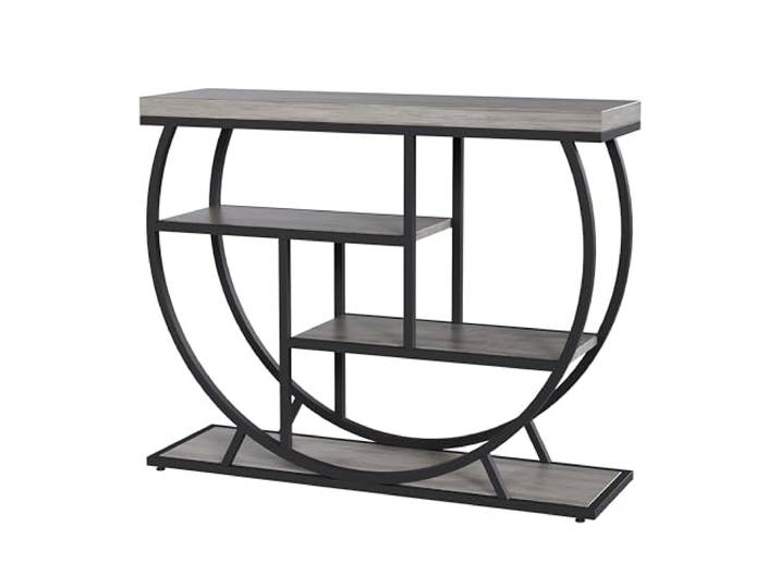 IDEALHOUSE Schmaler Konsolentisch 99 cm, 4 Ebenen Ablagen - Industrial/Farmhouse Design, geometrisches Metallgestell - Flur-/Sofatisch für Wohnzimmer, Flur & Foyer - Farbe: Grau