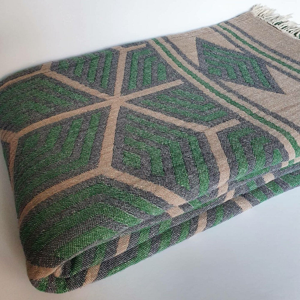 World Menagerie Lathan Geometric Blanket with Fringe Bottle Green W222 x L245cm