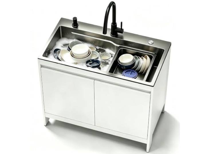 Freistehendes Waschbecken aus Edelstahl 304 mit Aufbewahrungsschrank Unterschrank Küche Mit Spüle Mit Unterschrank Für Warm- & Kaltwasser, Robustes Waschbecken(White,L68cmxW45cmxH85cm)