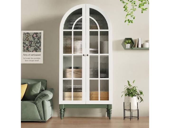 Norevia vitrine haute avec portes en verre strié et façade arrondie meuble de rangement 165 cm