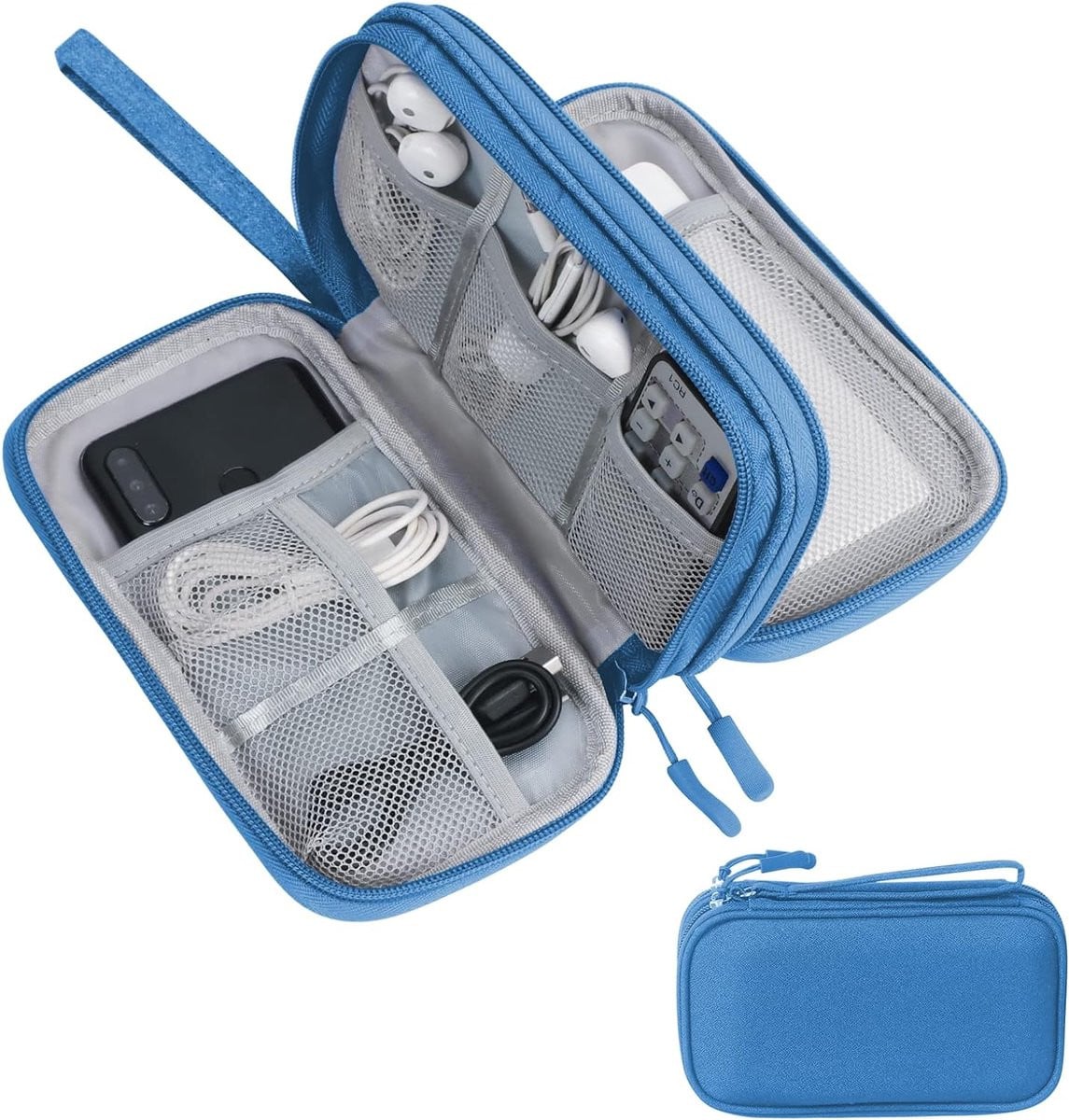 Blauwe draagbare kabelorganizer en dubbele kabeltas voor elektronica-accessoires zoals USB-powerbanks, SD-kaarten en oplaadkabels