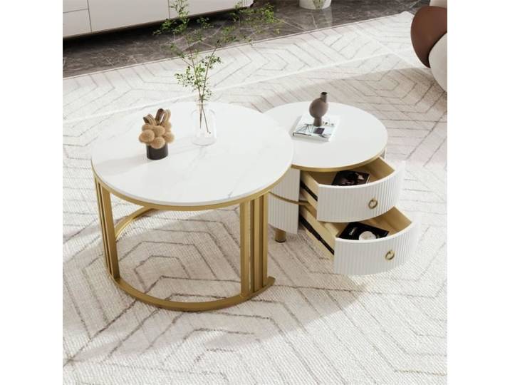 Lot de 2 table basse gigogne ronde - DREAMMESPACE - Blanc - Salon - 70x70x45 + 50x50x40 cm - Cadre doré