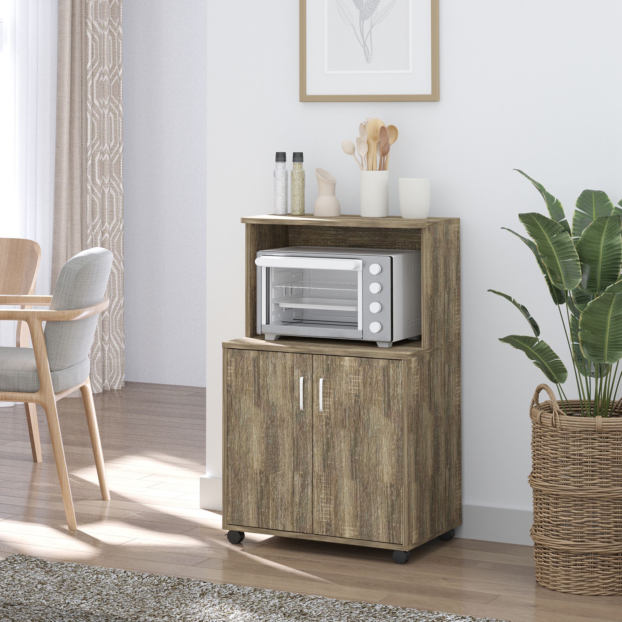 Homcom Mobile Cucina Multiuso con 4 Ruote, Armadietto con Ripiano per Microonde in Legno Truciolare, 60.4x40.3x97cm, Color Legno Aosom