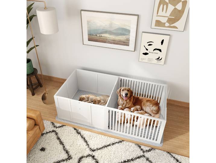 PawHut Boîte de mise bas pour chiens et chiots, parc de mise bas pour chiens porte à hauteur réglable 166 x 80 x 50 cm, blanc