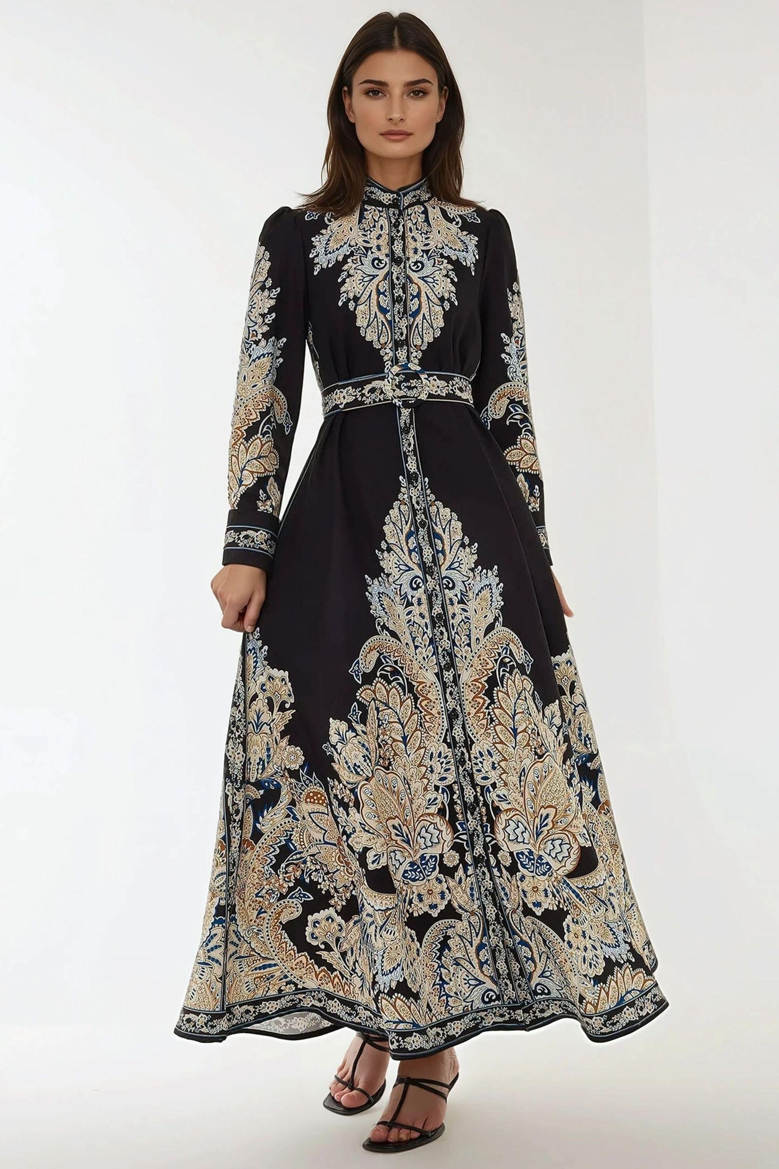 Bedrucktes A-Linien-Maxikleid mit Gürtel