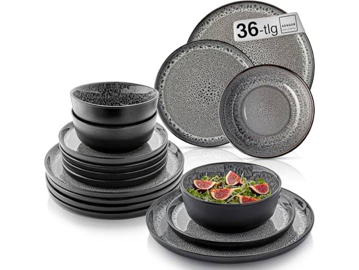 SÄNGER Sydney Steingut Geschirr Set 36 tlg, Teller Set 12 Personen 12x Speiseteller 12x Müslischalen 12x Dessertteller, Tafelservice dunkel grau kratzfest Essgeschirr
