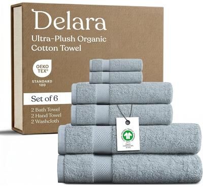 Delara GOTS Certified Organic Cotton Towel Set 6-Piece, Ultra-Plush Spa Towels - 2 Bath, 2 Hand, 2 Washcloths