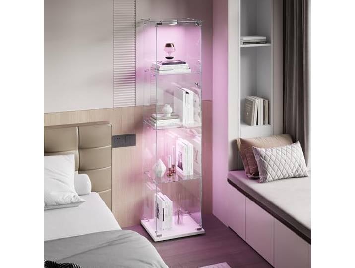 JiaOyu Glasvitrine mit LED-Beleuchtung, Vitrinenschrank mit Schloss, Glasvitrine Staubdicht für Sammlungen, Standvitrine Glasschrank für Wohnzimmer Schlafzimmer Büro (Weiß+LED+1Tür, 4 Schichten)