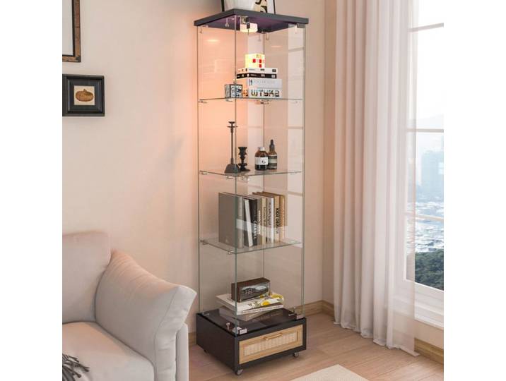 Vitrine avec éclairage LED 4 étagères + tiroirs verre trempé design élégant noir roulettes avec freins parfaite pour salon/bureau