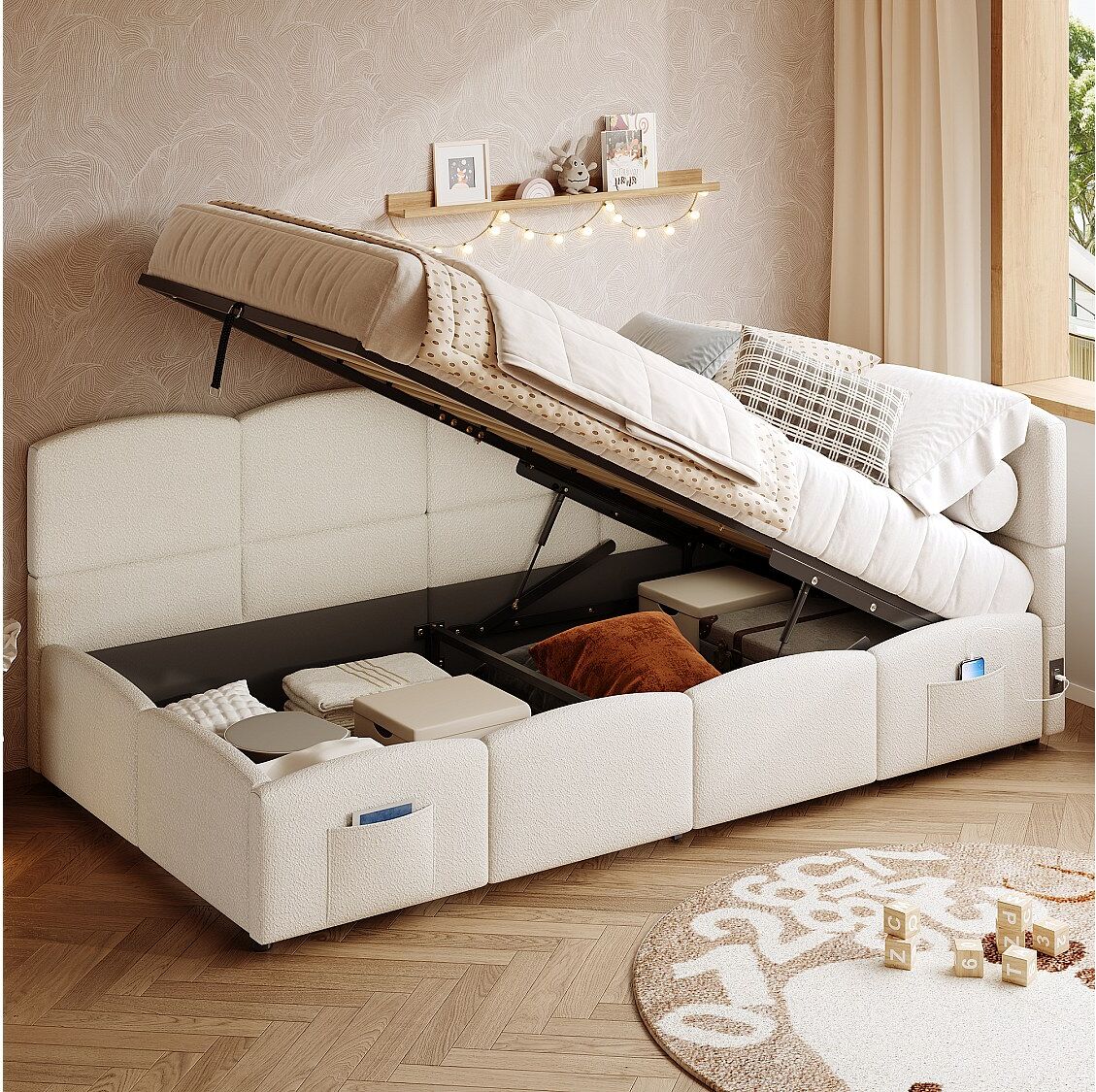 Hauss Spole Kinderbed met opbergruimte 90x200 cm met USB-oplaadpoort en opbergvak, beige bouclé stof (zonder matras)