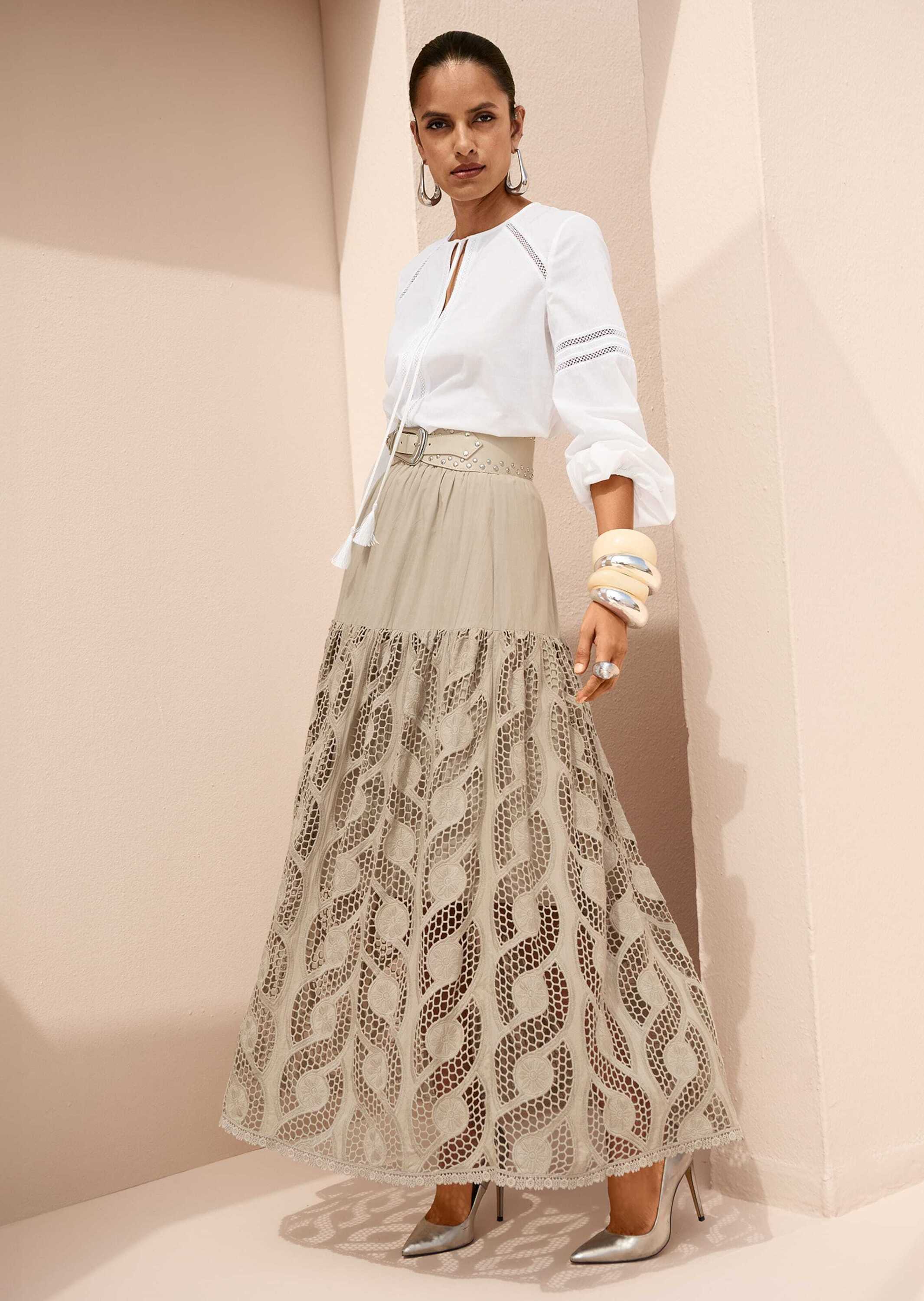 Langarmbluse MADELEINE "Tunika Moderne Bluse mit Spitzeneinsätzen", Damen, Gr. 40, weiß, Obermaterial: 100% Baumwolle CO., Modern, Blusen Langarmbluse