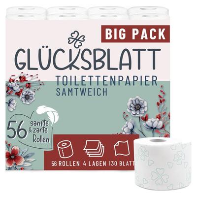 Glücksblatt Toilettenpapier SAMTWEICH mit Vanilleduft, 4-lagig, 56 Rollen x 130 Blatt, 100% Zellstoff, mit Glücks-Prägung
