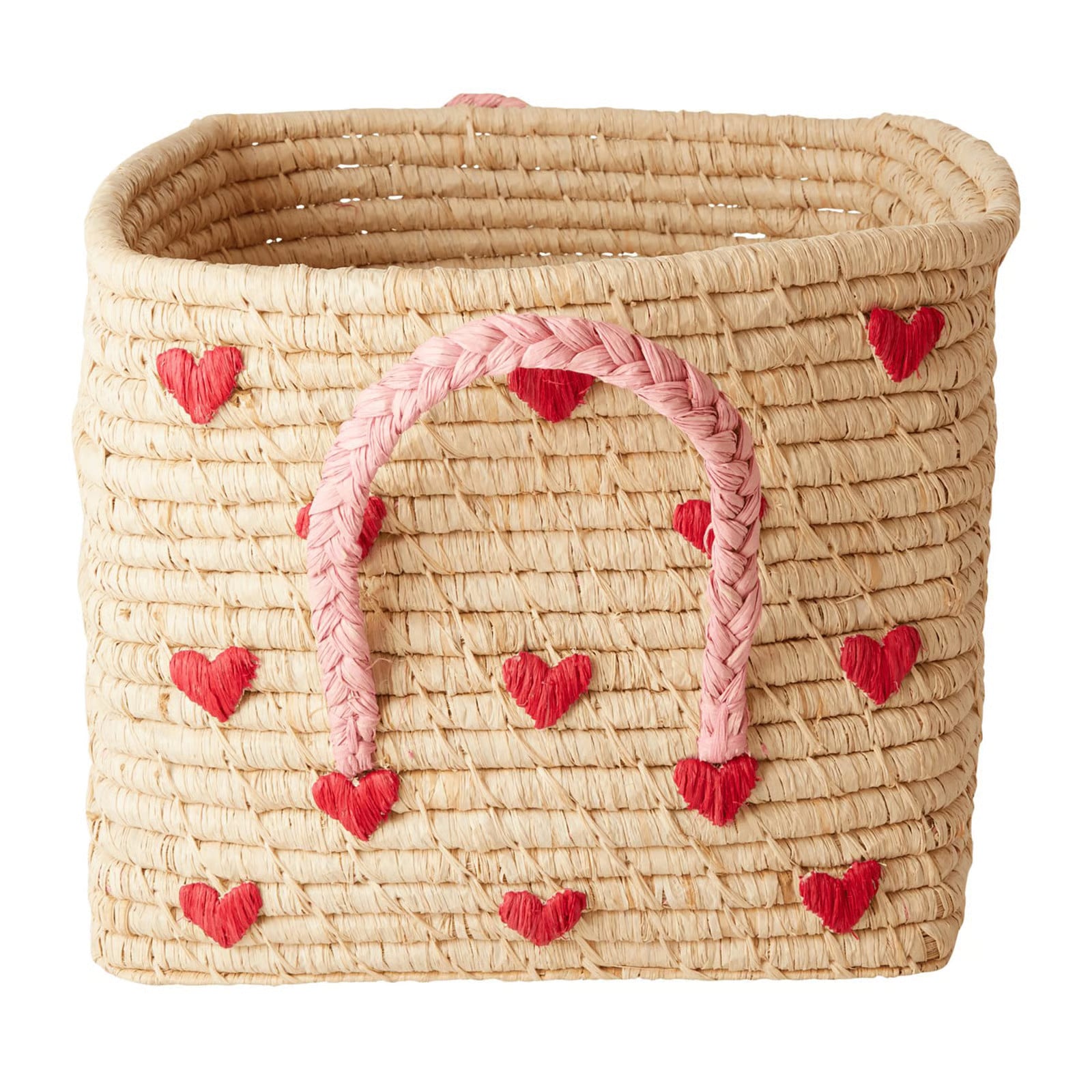 RICE Raffiamand met handvat Red hearts 30x30 cm