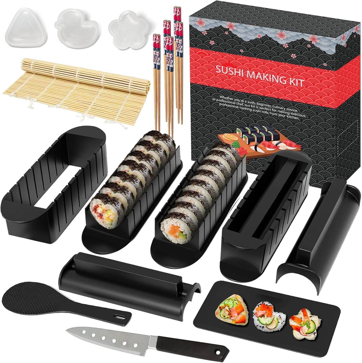 20-delige sushi maker set met bamboemat, messen en stokjes, zwart