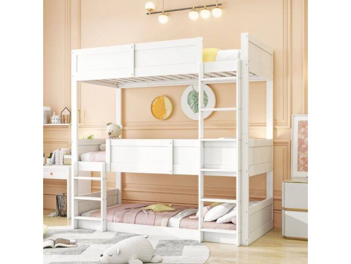 Lit mezzanine 3 couchages avec barrière de sécurité lit superposé convertible 90x200 blanc