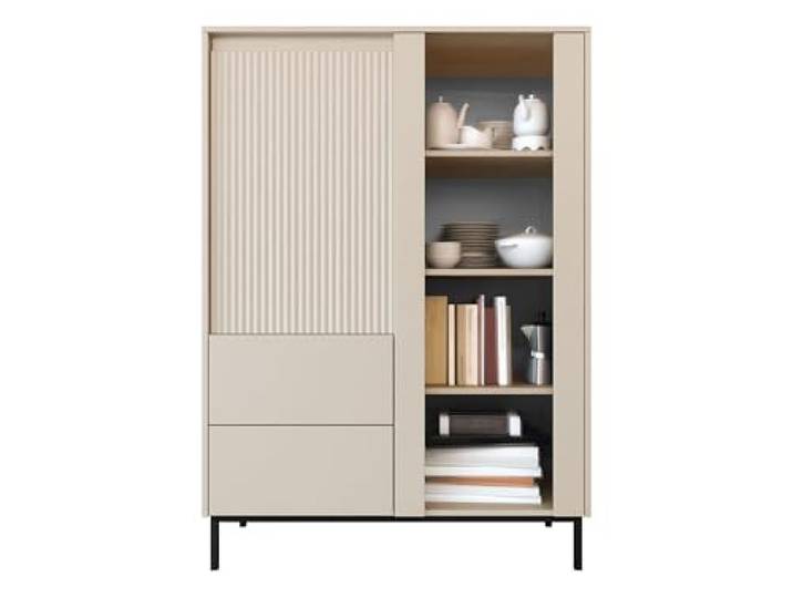 Mirjan24 Standvitrine Ozmi 2D2S mit 2 Türen und 2 Schubladen (Cashmere) Vitrinenschrank mit geriffelten Fronten, 7 Innenfächern, Push-to-Open-System und schwarzem Metallgestell