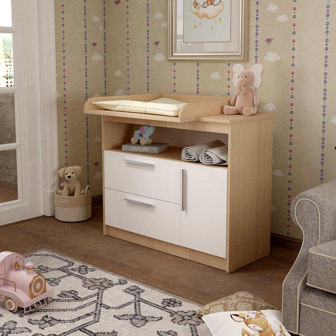 Isabelle & Max 110cm Wide Baby Changing Table with Removable Top, 2 Drawers and Cupboard Brown/White 98cm H X 110cm W X 75cm D