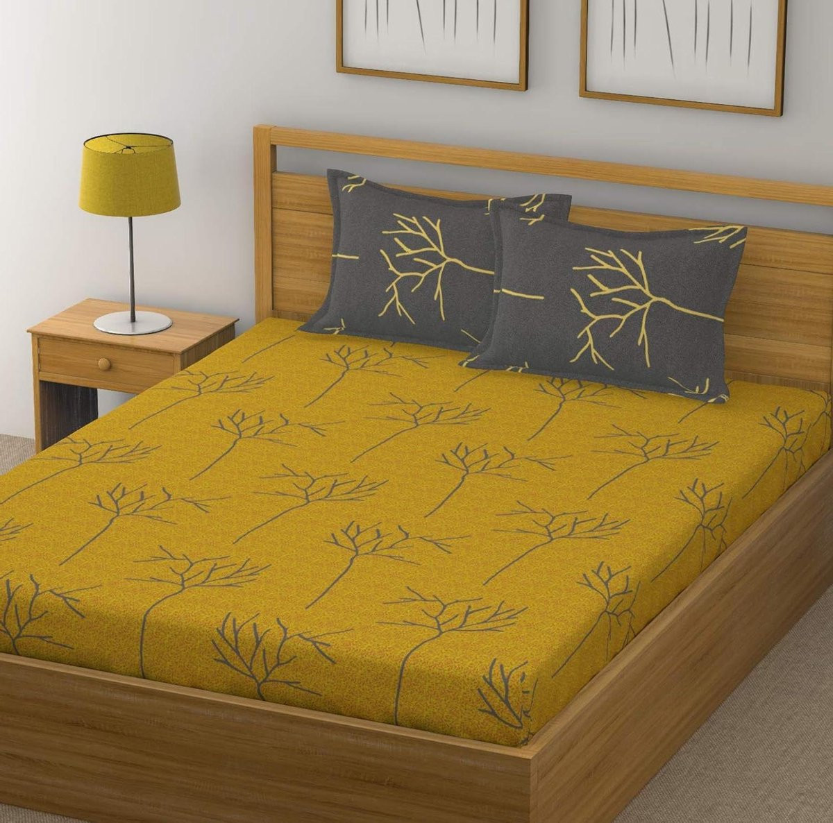 Katoenen Laken Beddengoed Set Kingsize - Geel en Grijs - 144 Draaddichtheid