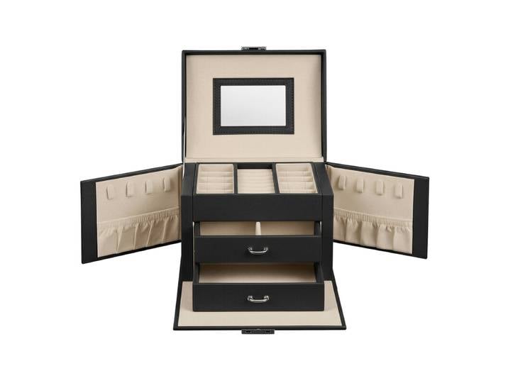 JOYFURNOS Boîte de voyage pour bijoux avec miroir, 2 tiroirs, verrouillable, idée cadeau, noir