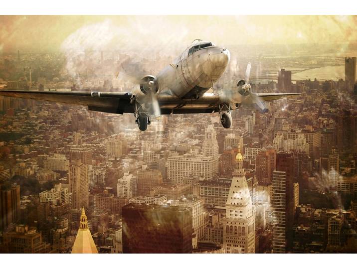 Fototapete PAPERMOON Flugzeug über Stadt , bunt, B:3,5m L:2,6m, Vlies, Tapeten, Fototapete