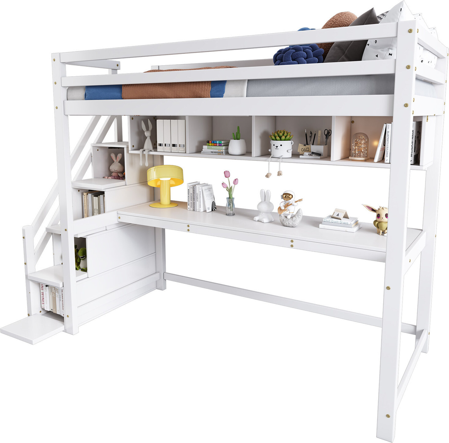 Kinderhochbett mit Stauraumtreppe,aus Kiefernholz, Etagenbett, Kinderbett mit großen Schreibtisch und Regalen, Umweltfreundliche Farben