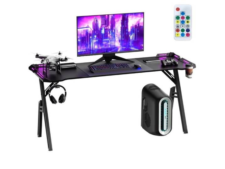 Bureau de gaming - AUFUN - 120 x 50 cm - LED - Ergonomique - Stable avec accessoires