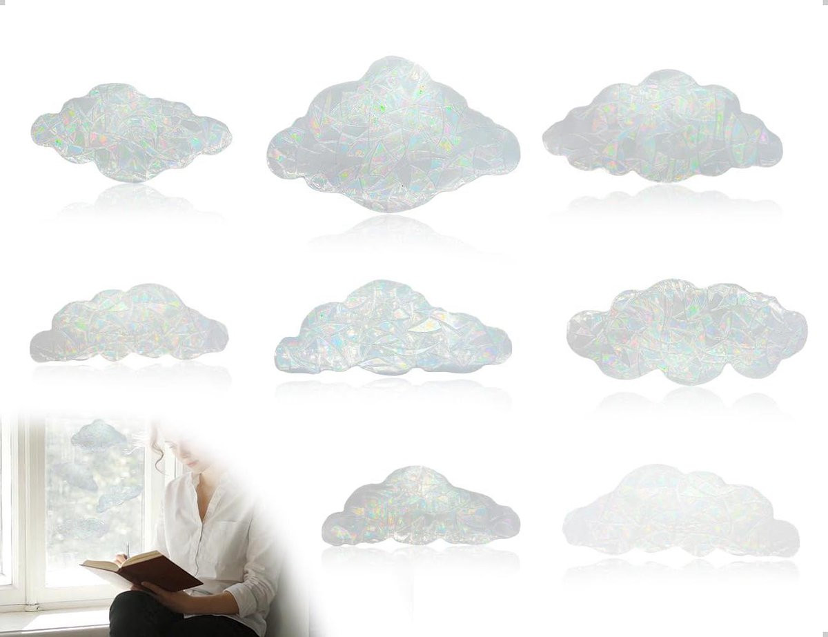 Set van 8 gekleurde raamstickers met regenboog wolkenpatroon voor decoratie en het afschrikken van vogels, 20 x 10 mm