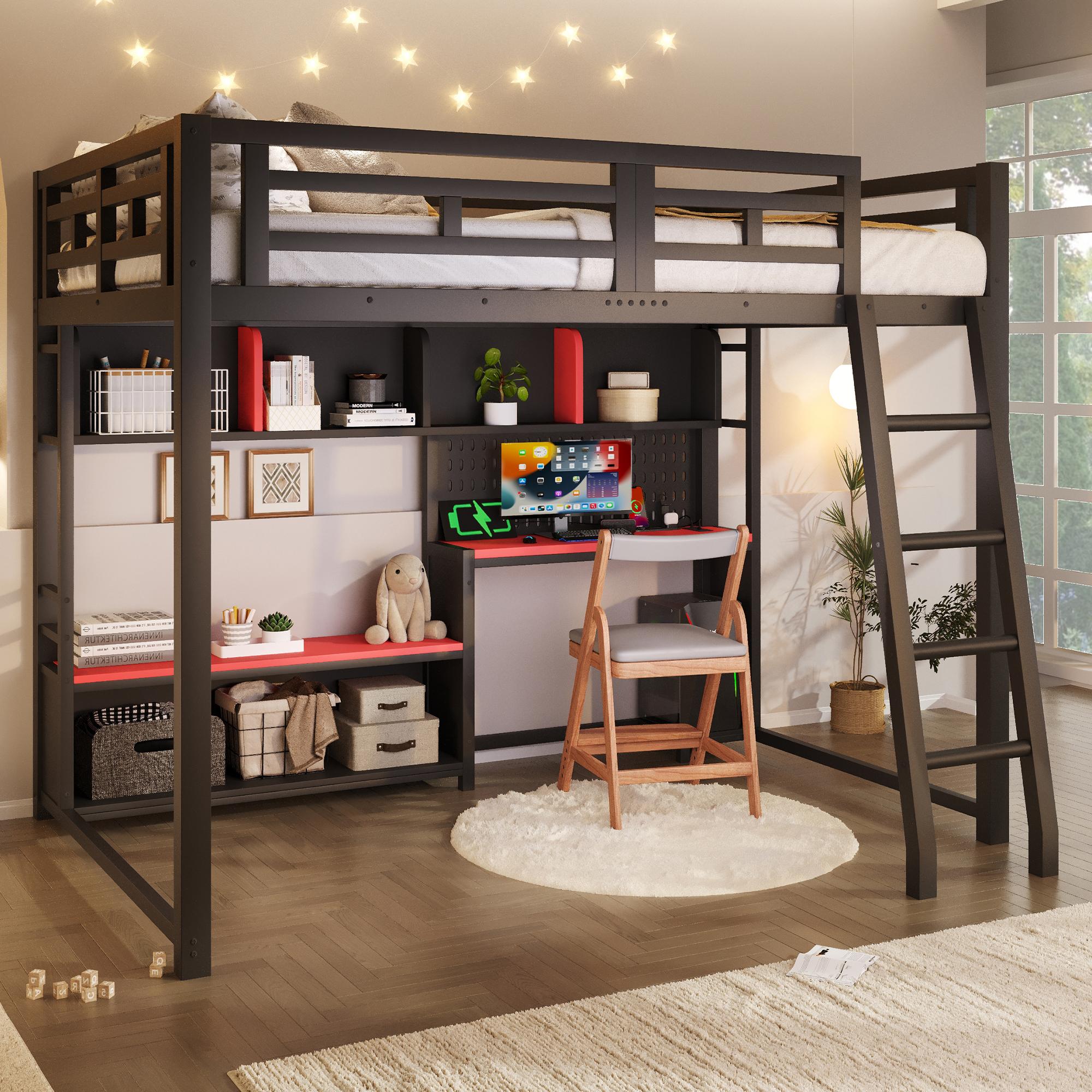 Metall-Etagenbett 140x200, Gaming-Stil, Schreibtisch, LED, Aufbewahrungsregale