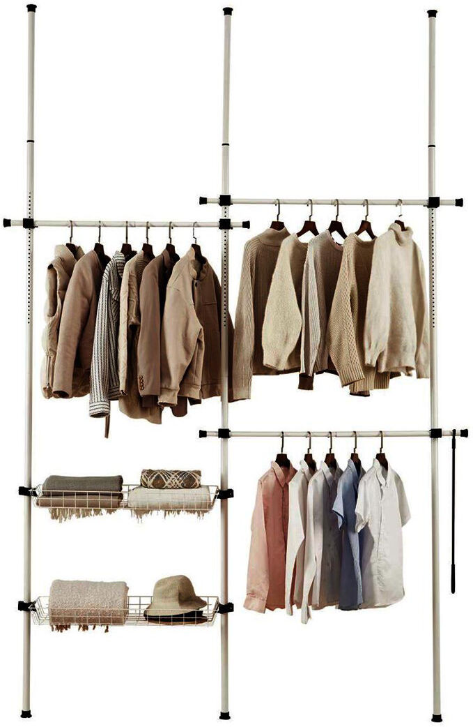 Rebrilliant Glain Adjustable Double Black With Baskets Telescopic Wardrobe Organiser Clothes Rail White