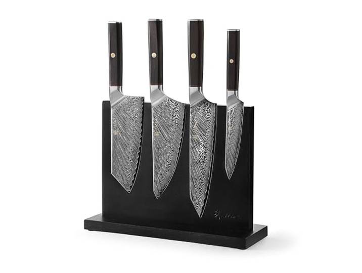 Wakoli Culinary Asia Damast Küchenmesser Set & magnetischer Messerblock 4-teiliges Damastmesser Set aus 67 Lagen Damaststahl mit VG10-Kern, Oktagongriffe aus Naturholz, Messerblock aus Akazienholz