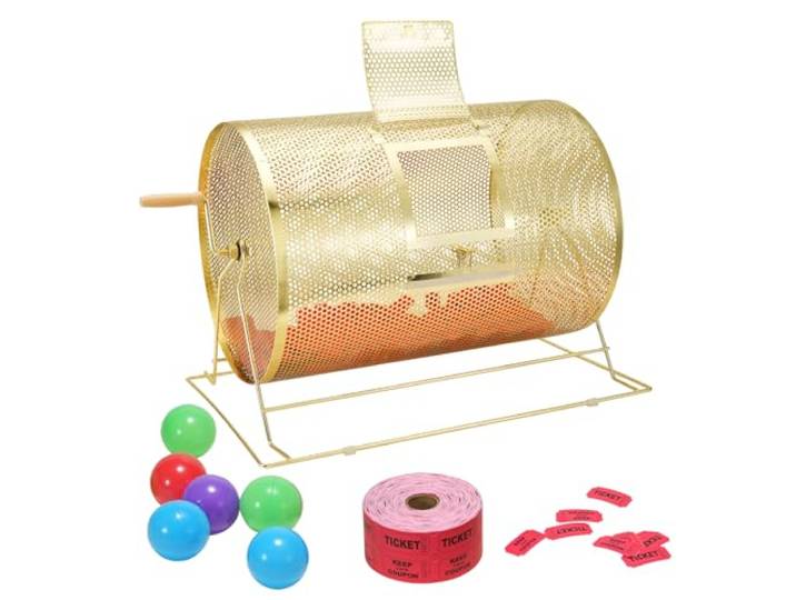 VEVOR Loterijtrommel, geschikt voor 10000 tickets of 300 pingpongballen, metalen loterij draaiende tekening met houten draaikoppeling, 14,8 x Ø21,66 cm messing vergulde loterij ticket draaiende kooi,