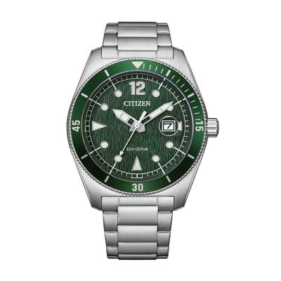 Solaruhr CITIZEN "Eco-Drive Day Date", grün (silberfarben, grün), Armbanduhren, Herren, Armbanduhr, Herrenuhr, Edelstahlarmband, analog, Big Date