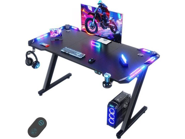 Devoko Bureau Gaming 120x60cm Noir avec Contrôleur LED USB Porte-gobelet et Crochet pour Casque Ergonomique