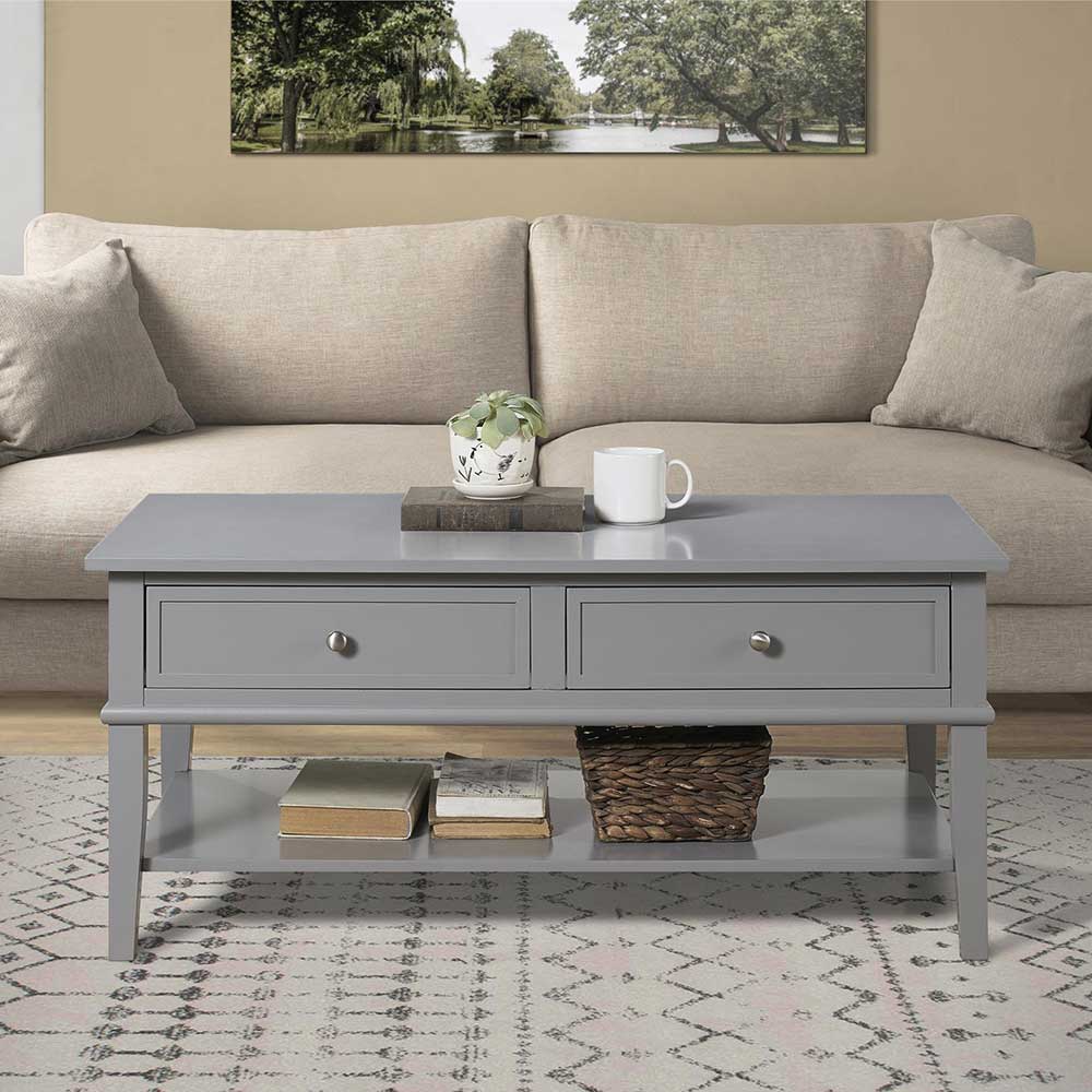 Pharao24.de Grauer Landhaus Couchtisch mit zwei Schubladen 105 cm breit