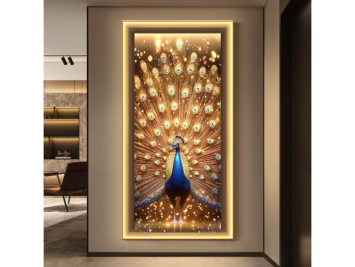 Peinture décorative d'entrée luxueuse à motif paon, tableau mural haut de gamme pour couloir, lampe murale LED pour la maison