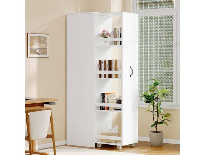 Bibliothèque étroite 40x30x160 cm avec roulettes – bandes de protection armoire de cuisine haute blanc
