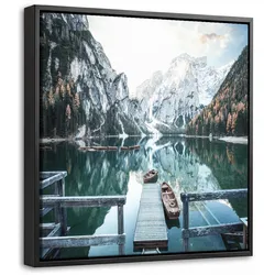 LEINWAND Bilder mit Rahmen - Natur - Berge - Schnee - Wald - Boot - 20x20