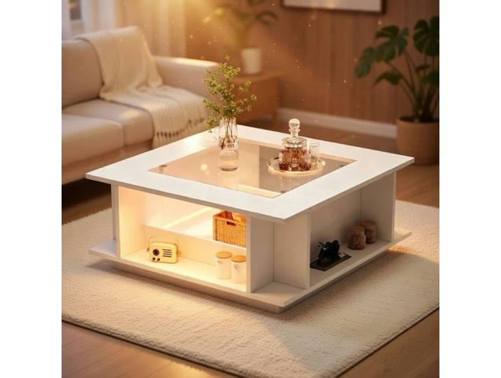 CollaHausse Table Basse Carrée 70x70cm Verre Brillant LED Salon Blanche