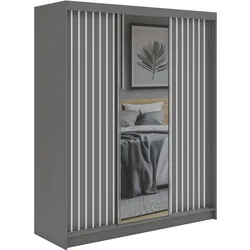 SCHWEBETÜRENSCHRANK mit Spiegel und Schubladen LAOS - 180 - Grau - Weiß Lamellen