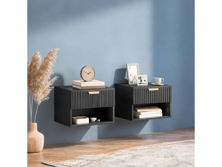 15.8 x 13.4 x 11.4 in Nightstand combining design flottant panneau de particules and Tables de chevet suspendues noires
