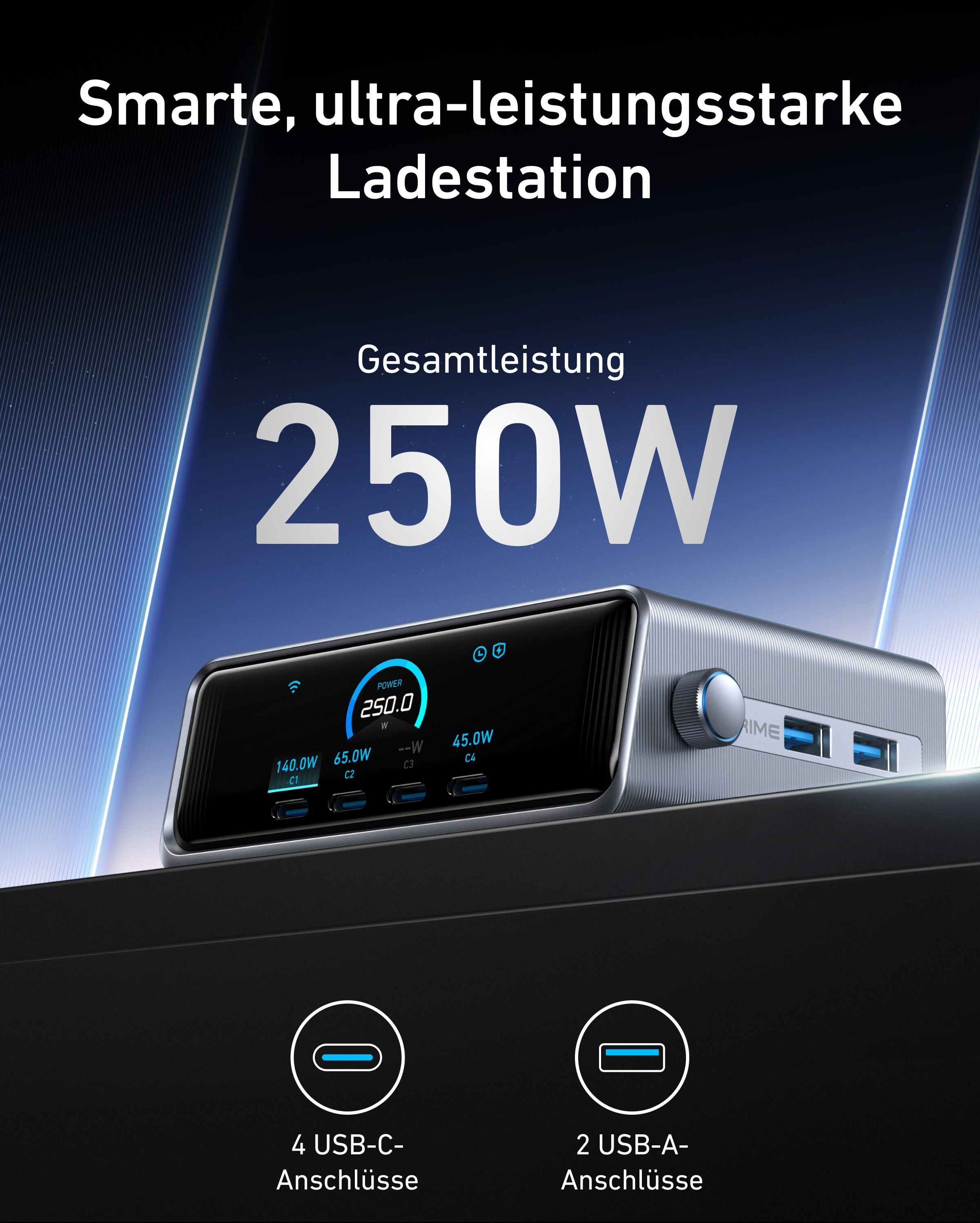 Anker Prime Ladegerät (250W, 6 Ports, GaNPrime) Schwarz