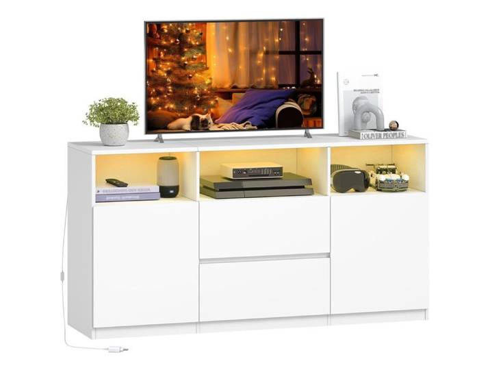 Meuble TV avec LED RGB et Télécommande (25 Couleurs) 147 cm Banc Télé Banc TV avec 2 Tiroirs et 2 Espace de Rangement Ouvert Blanc