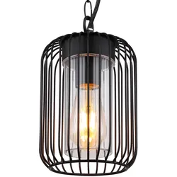 LED Pendelleuchte Außenlampe Gartenleuchte Hängelampe Edelstahl, Metallstäbe schwarz klar, E27 Filament LED warmweiß, DxH 16 x 75,5 cm