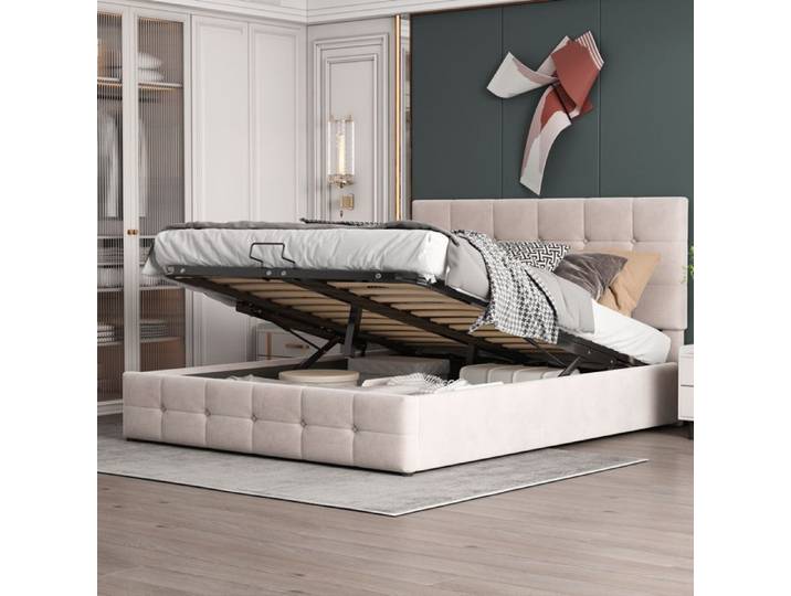 URTR Lit capitonné 140x200 coffre hydraulique tête réglable lattes métal velours doux Blanc crème élégant