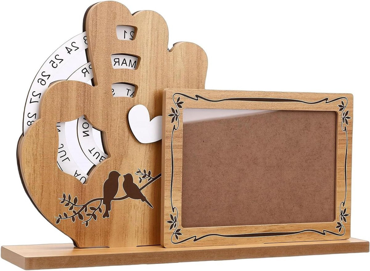 Eeuwigdurende Kalender Fotolijst Houtkleur - Bureau Decoratie met Draaiwiel - 30 x 7 cm