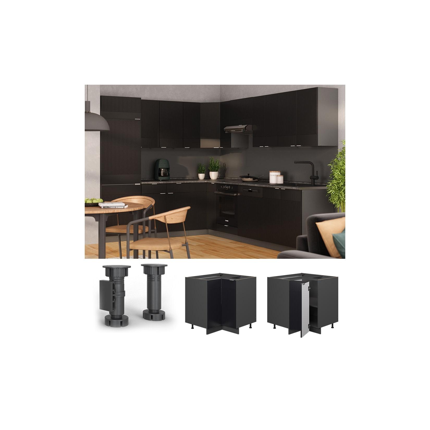 Vicco Eckunterschrank Fame-Line Anthrazit Schwarz gestreift 87 cm mit Arbeitsplatte Marmor-Weiß